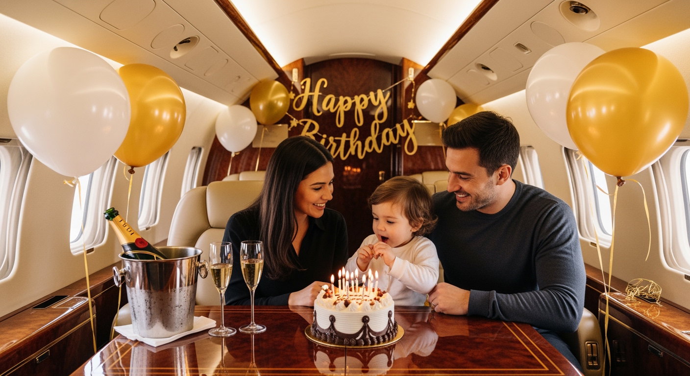 Célébration d'anniversaire avec gâteau à bord d'un jet