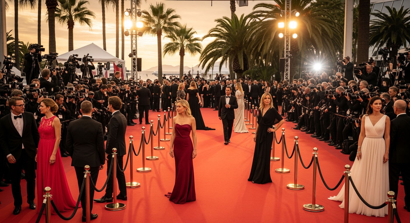 Tapis rouge du Festival de Cannes avec jet privé en arrière-plan
