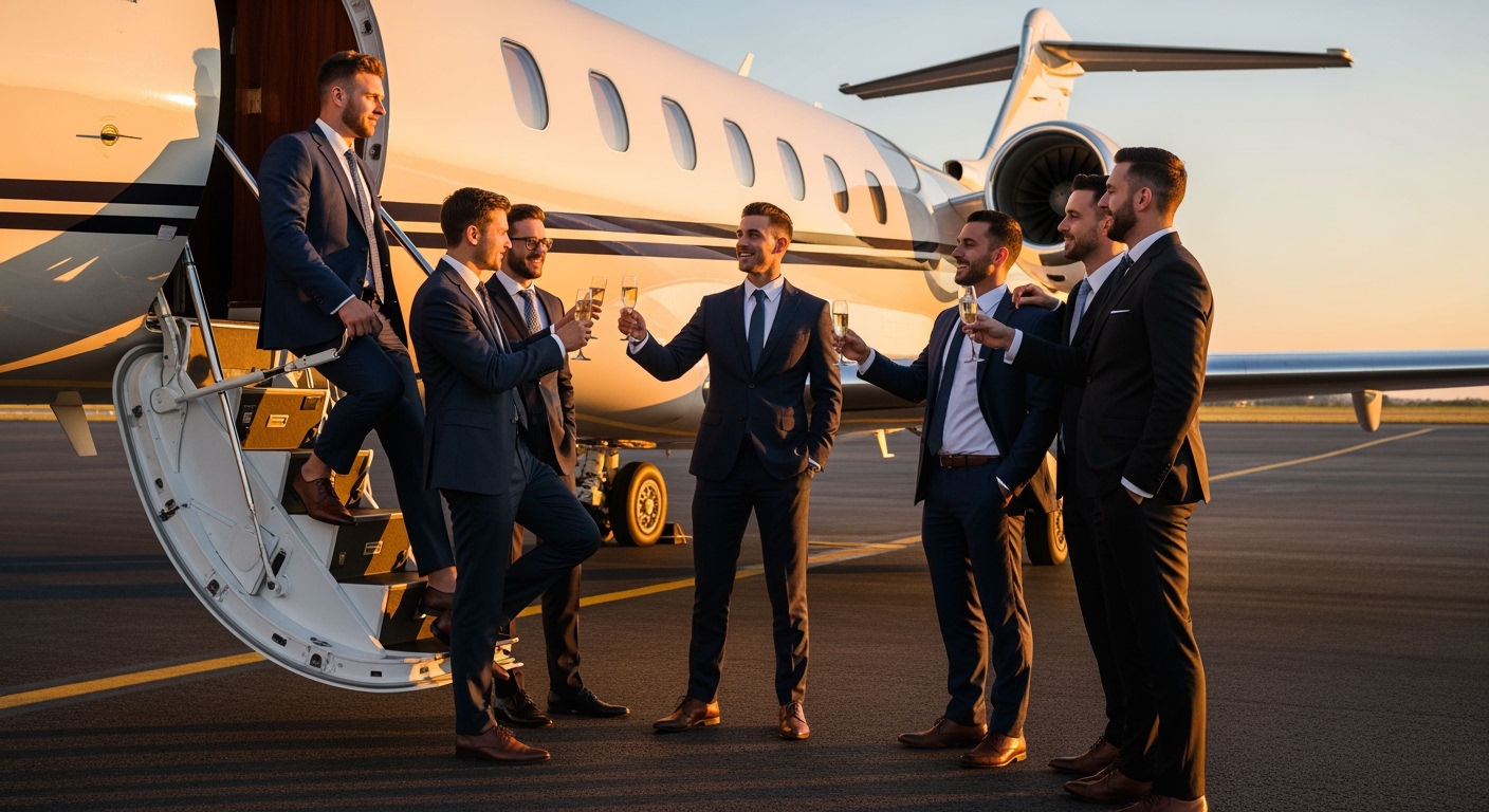 Groupe d'amis en costume célébrant un EVG