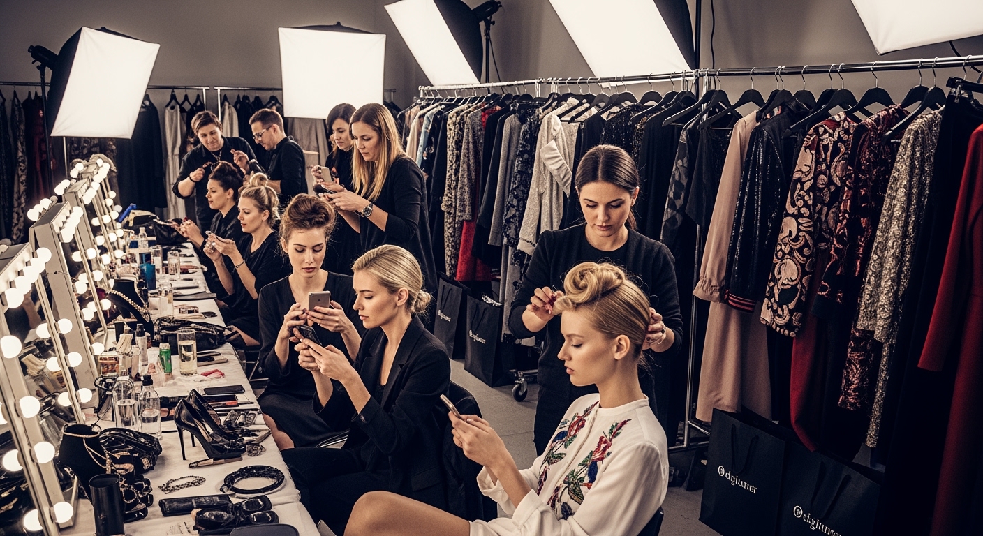 Backstage Fashion Week avec mannequins et équipes