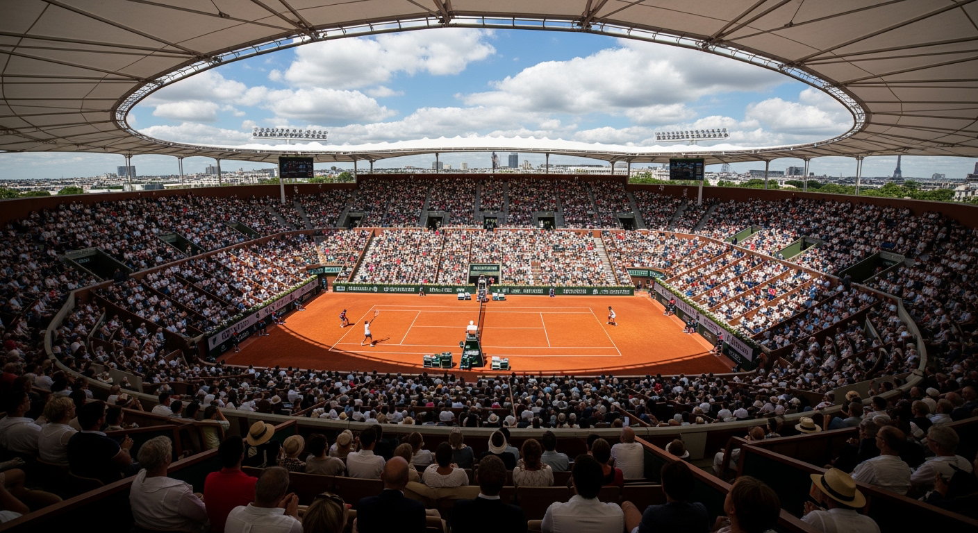 Court central de tennis vu en plongée, ambiance Grand Chelem