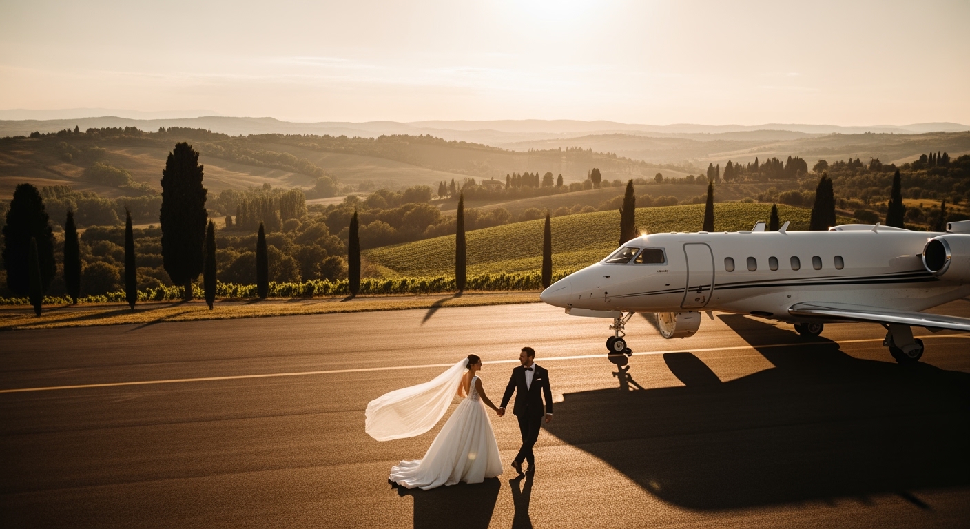 Couple de mariés devant un jet privé